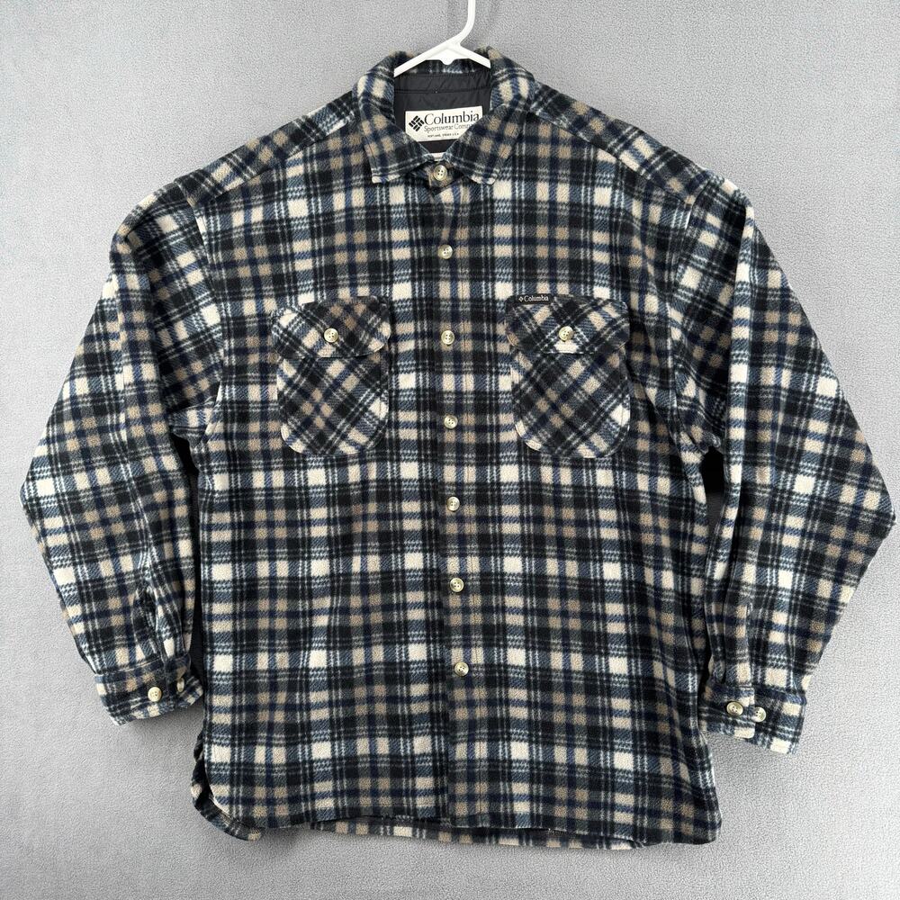 Columbia Plaid Button Down Fleece Long Sleeve Shirt Mens Large Blue